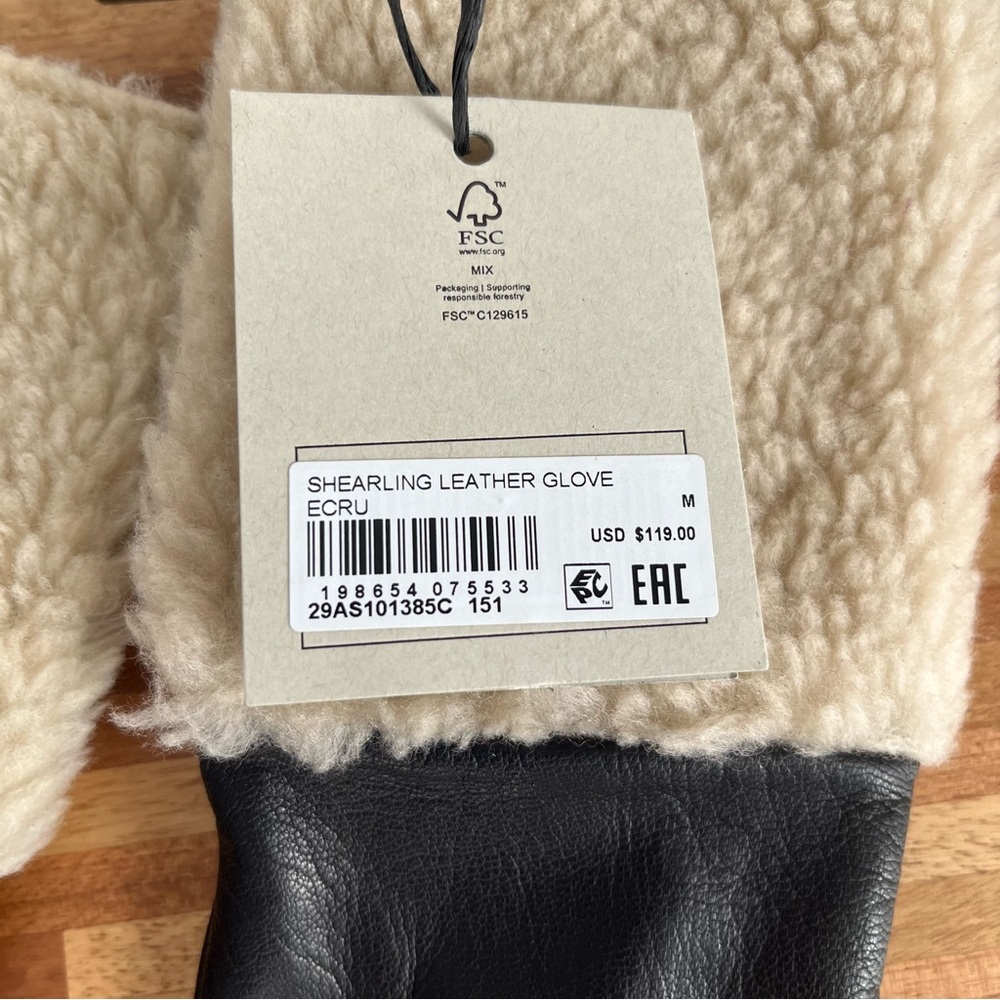 AllSaints Shearling Black Leather Gloves with Ecru Shearling cuff Zipper details - Picture 4 of 13